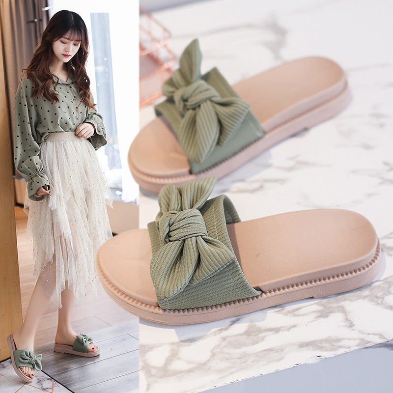 Women's summer sandals 2023 new flat beach slippers non-slip bowknot height increasing thick sole thong sandals
