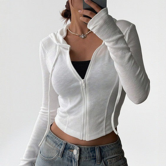 Pre-sale Cross-border European and American Spice Girls Hooded Short Women's Slim Long Sleeve Cardigan Navel Zipper Women's Comfortable Sports Top