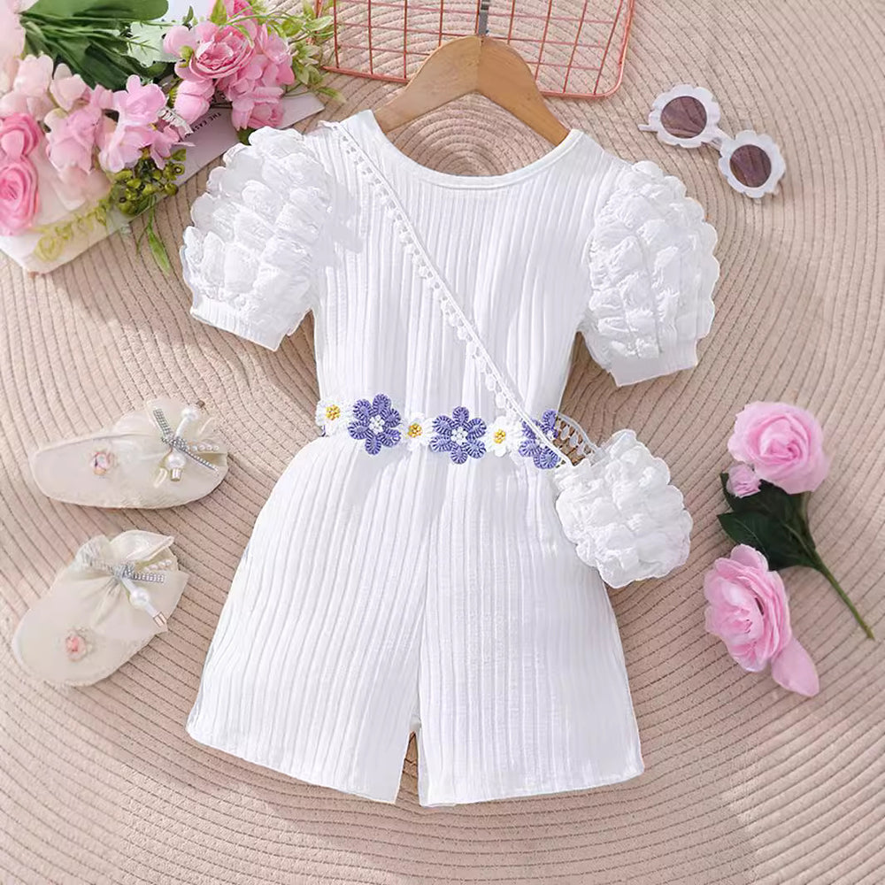 Kids' bubble sleeve ribbed romper with criss-cross back and matching bag