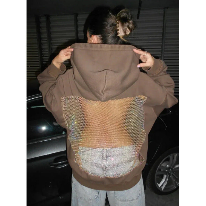 European and american cross-border  fall/winter new women's fashion  style solid color backless cutout mesh hoodie sweatshirt