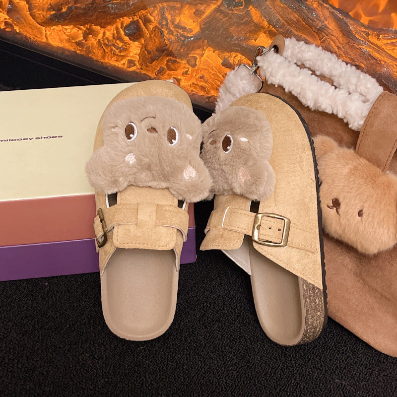 New arrivalcute bear casual slip-on loafers flats shoes non-slip toe-cap half-slippers easiest for match birkenstock women's shoes