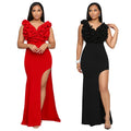 C7013 cross-border   independent station fashionable women's v neck sleeveless long slit dress
