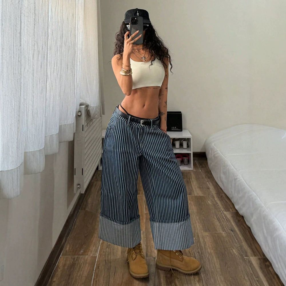 Women's striped patchwork wide-leg jeans - high-waisted, slimming, loose fit, designer style, versatile denim wide-leg cropped pants