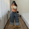 Women's striped patchwork wide-leg jeans - high-waisted, slimming, loose fit, designer style, versatile denim wide-leg cropped pants