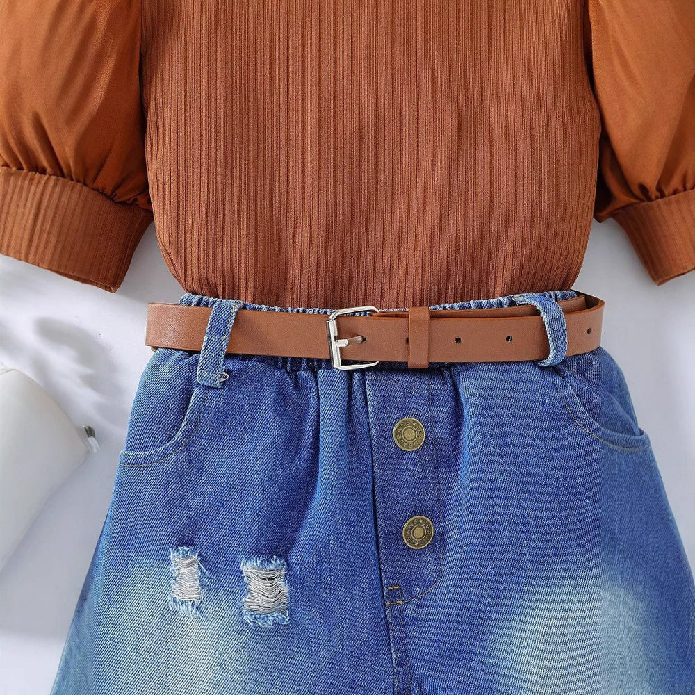 hot selling girls' ruffle-neck bubble sleeve patchwork top & heavy-duty washed denim shorts set with belt