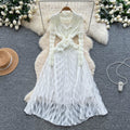 European and american fashion high-end elegant heavy beaded suit collar long sleeve cinched waist ruffle trim mesh panel dress for women