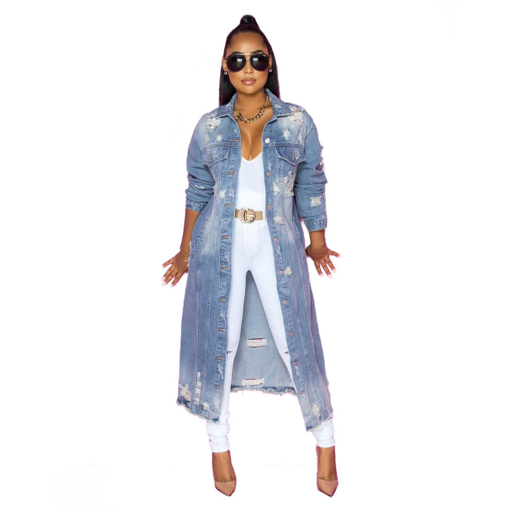 Black girl denim outwear women's autumfashion version new arrival blue hole washed looselong sleeves denim coat