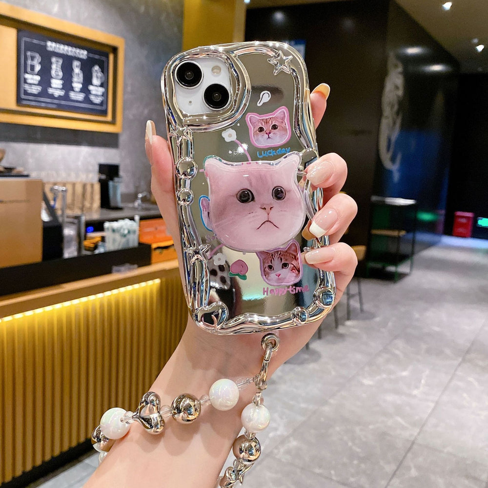 Three-dimensional wave electroplating suitable for apple 16pro cute cat mobile phone case iphonexr mirror flash diamond soft case