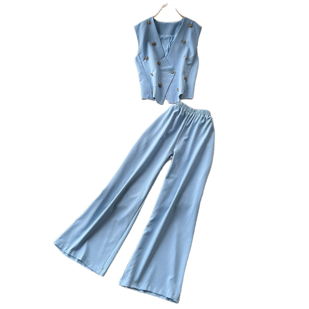 Lightly mature elegance style work clothingtwo-piece set female summerelegant beaded sleeveless vest loose pantsslimming lookfashionsuit