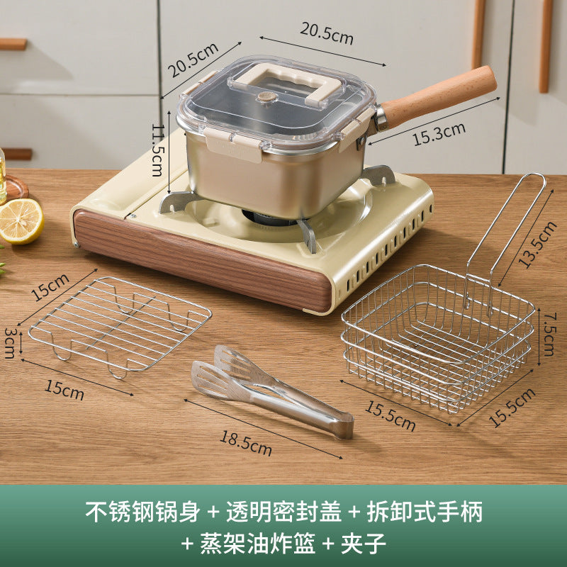 Custom-made stainless steel deep fryer with small fry basket, creative square food storage container, portable outdoor multifunctional pot