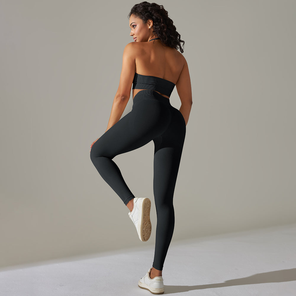 New seamless solid color high-elasticity sports bra and underwear yoga set - two-piece running and fitness outfit