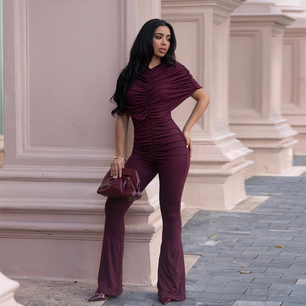 C7651 cross-border   fashion women's elegancefashion slim pure color wide leg jumpsuit