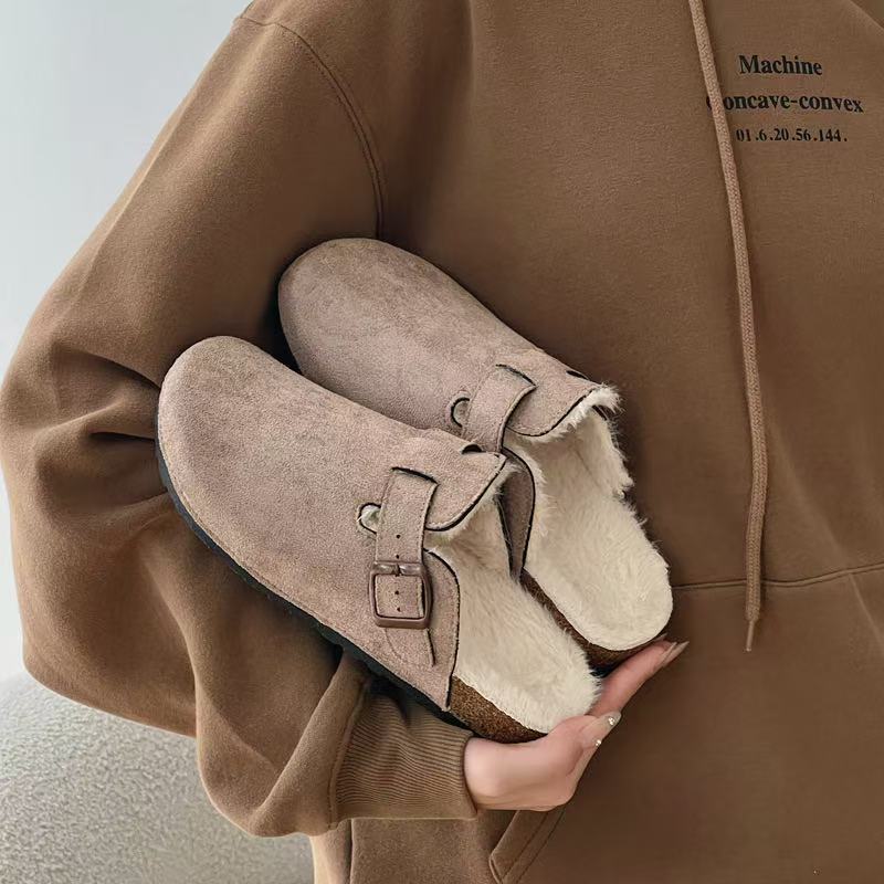 Fleece-lined boken shoes for women 2025new arrivalwinter outdoor heattech fur shoes thick solenon-slip toe cotton slippers wholesale