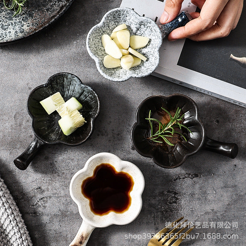 Japanese retro ceramic plate - minimalist plum blossom dish with handle, mustard sauce saucer, hotel-style sauce and condiment dish - wholesale