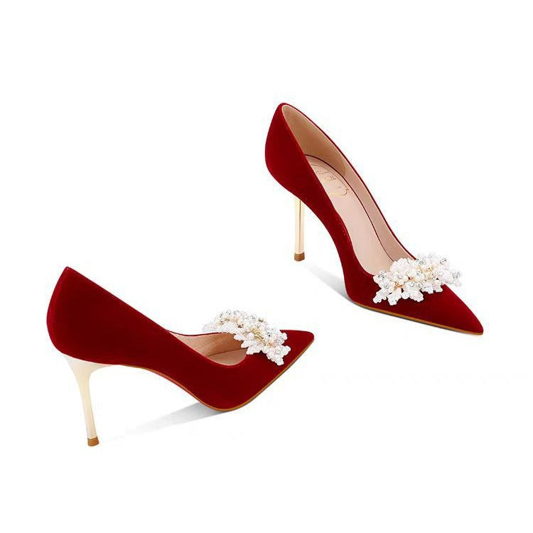 2024 spring/autumn new women's pointed-toe stiletto heels, beaded suede sweet formal party dress shoes, elegant wedding shoes for women