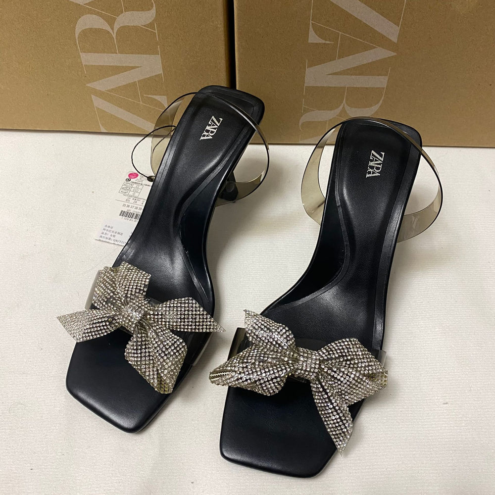 Za new 2024 french square toe stiletto heel pvc patchwork thong sandals with rhinestone butterfly bow and open toe detail for women