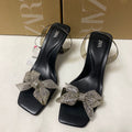 Za new 2024 french square toe stiletto heel pvc patchwork thong sandals with rhinestone butterfly bow and open toe detail for women