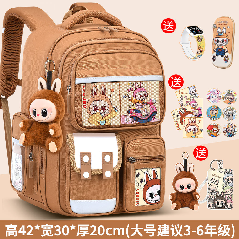 2026 new labubu backpack for girls, elementary school students grades 1-6, boys' lightweight kids' backpack, spine protection, and weight reduction