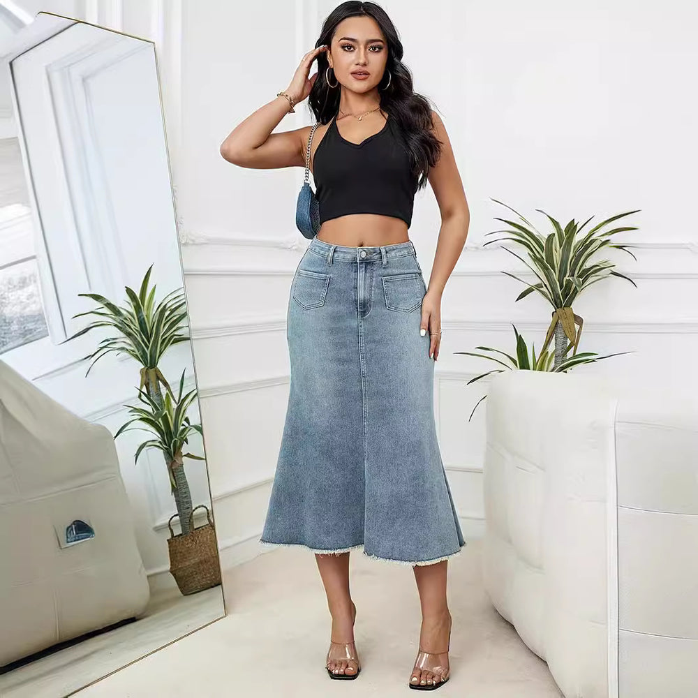 Fashion cross-border women's clothing  high waist denim skirt street casual a-line mopping raw edge denim skirt