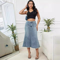 Fashion cross-border women's clothing  high waist denim skirt street casual a-line mopping raw edge denim skirt