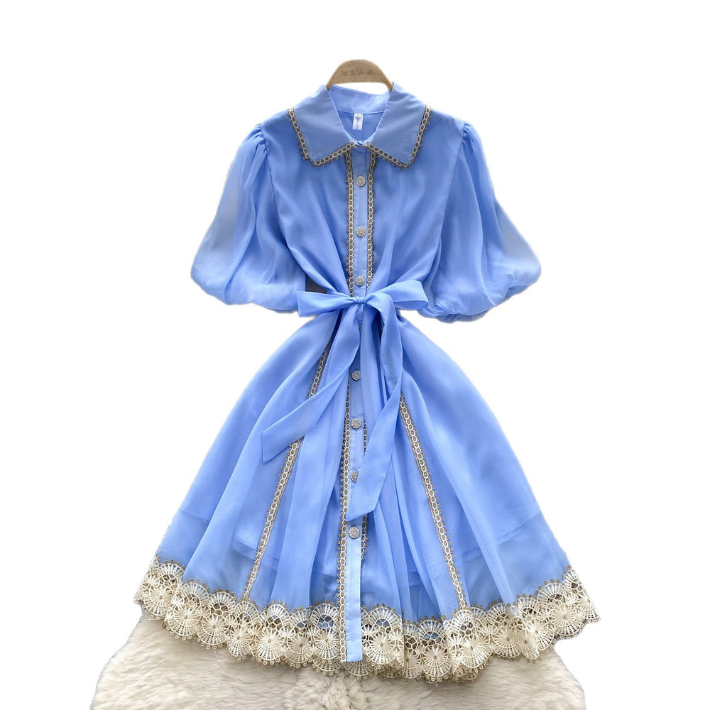 summer women's vintage-inspired court style dress: exquisite lace patchwork, tie-waist, lantern sleeves, and mesh overlay