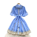 summer women's vintage-inspired court style dress: exquisite lace patchwork, tie-waist, lantern sleeves, and mesh overlay
