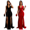 C7156 cross-border   fashion women's halter neck sleeveless sexy slit maxi dress new