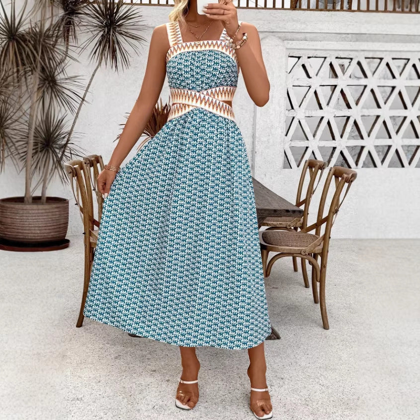 summer new arrival: strapless backless camisole dress, vintage print maxi dress, cross-border e-commerce  style for women