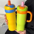 Jumbo ice cup high-looking straw cup large capacity portable car cup girlscute cartoon thermos cup