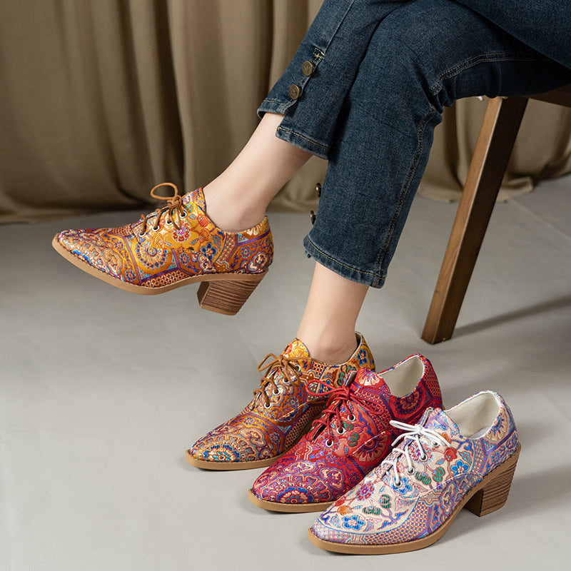 Export pointed toe printing high heel flats women autumnew arrivaltie back cross-border plus size thick heel professional flats 43
