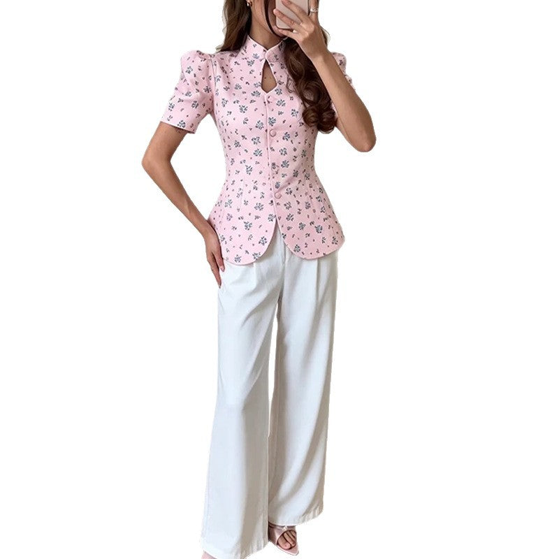 summer new women's clothing - cross-border  fashion, european & american style, versatile printed single-breasted stand collar blouse