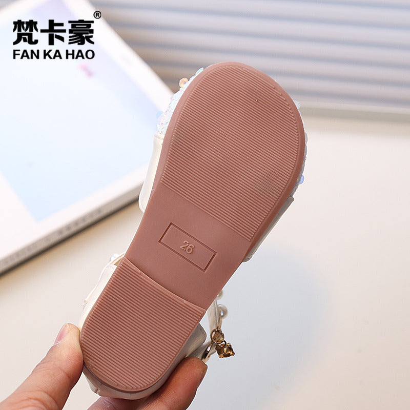 Vancahao niche design girls' rhinestone princess shoes,  spring/autumn new collection, kids' fashion pearl-embellished closed-toe sandals