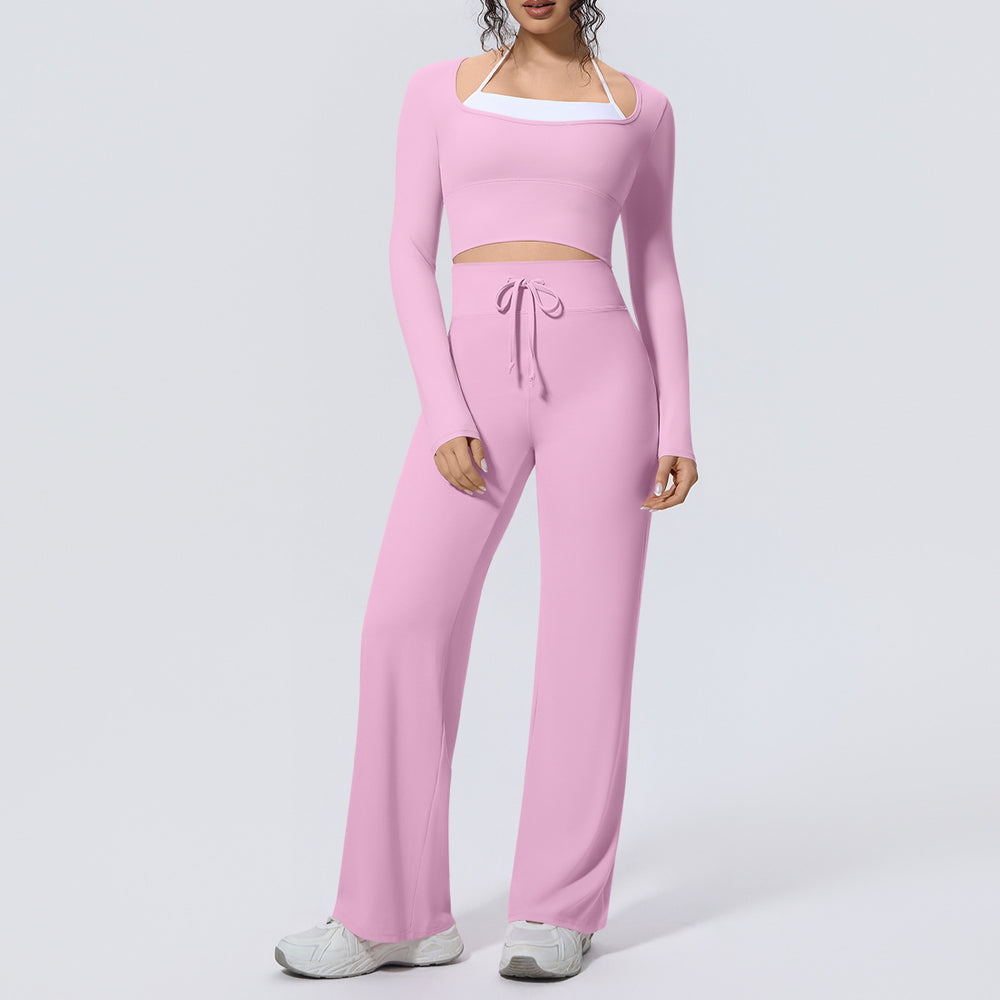 pure color double-piece nude tight high-elastic fake two-piece yoga suit sports running fitness two-piece set for women
