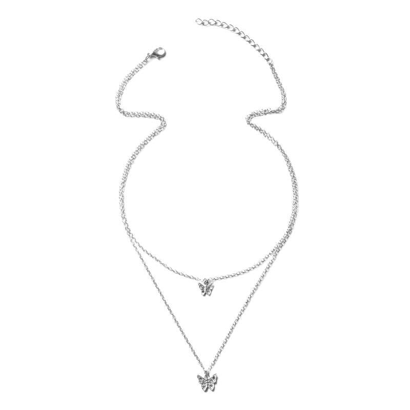 Double layer butterfly necklace wholesale european and american cross-border jewelry simple small diamond design pendant fashion clavicle chain women's short style
