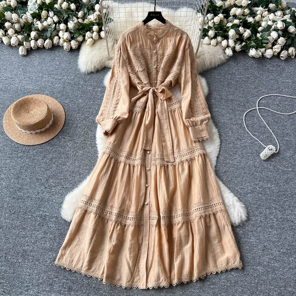 French retro court lace patchwork tie-waist lantern sleeve rhinestone embellished dress - slimming, elegant, and chic maxi dress