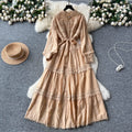 French retro court lace patchwork tie-waist lantern sleeve rhinestone embellished dress - slimming, elegant, and chic maxi dress