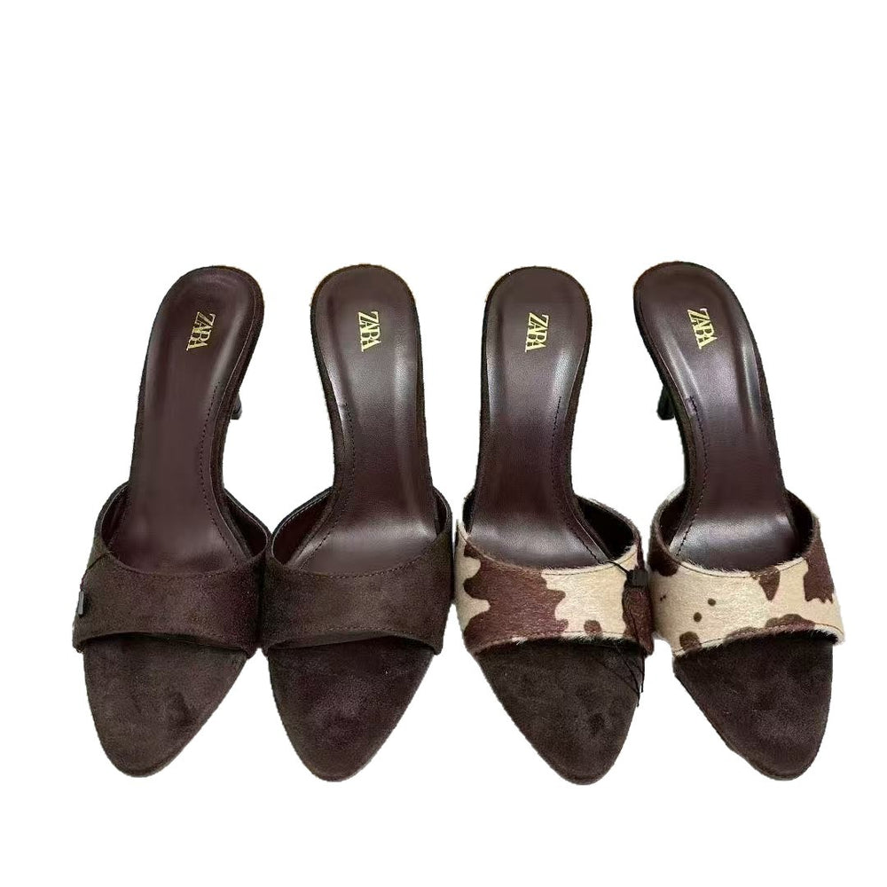 Spain 2025 autumn new arrivals: niche sandals - ankle strap, open back, deep brown-yellow, pointed toe, stiletto heel sandals & slippers