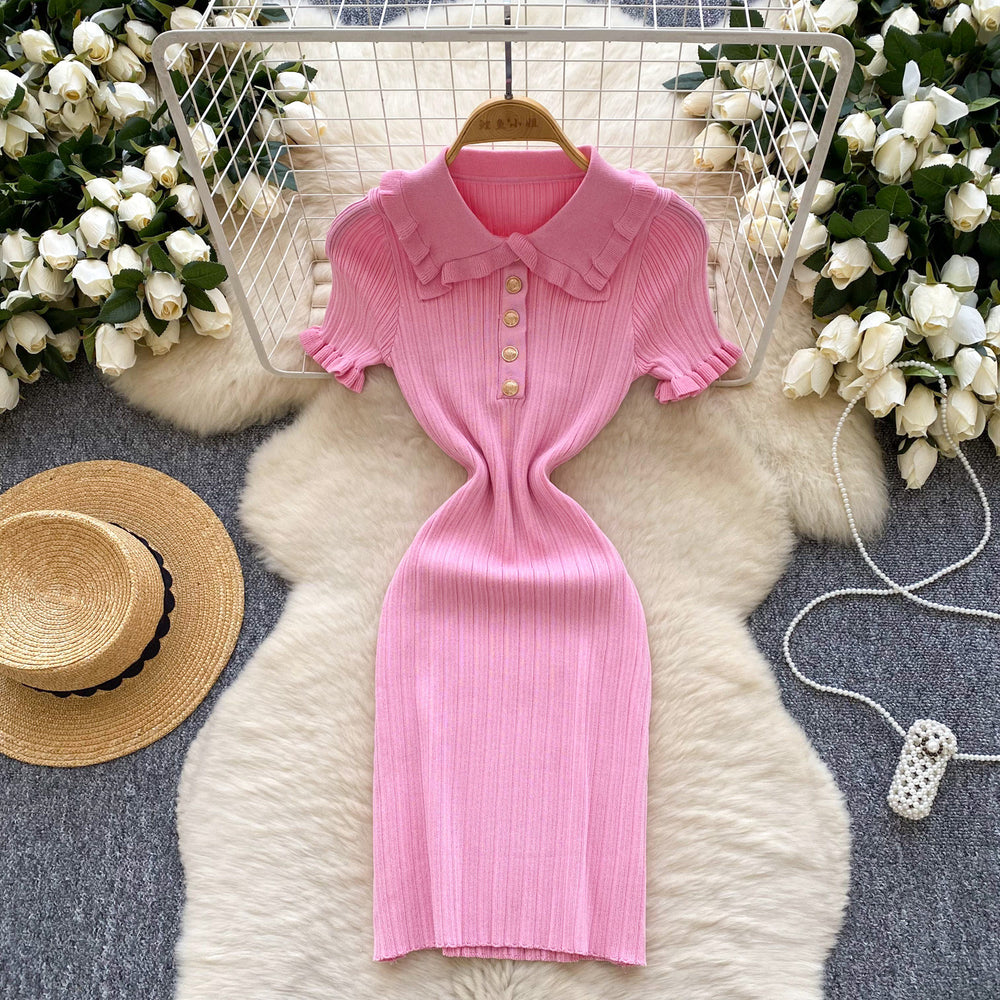 Frenchretro doll collar short-sleeved waist knittingdress women's summerslimming lookelegant tight hip-hugging sweater skirt