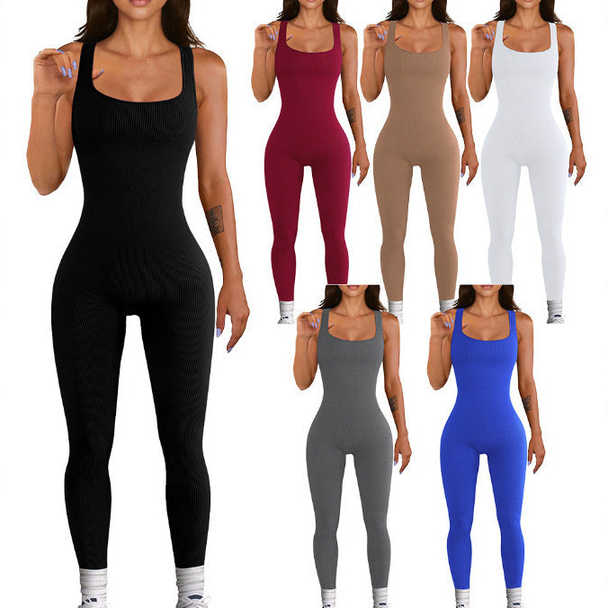 2024 Foreign Trade Women's Solid Color Sleeveless Vest onesie Threaded square neck backless hip lift slim-fit sports jumpsuit