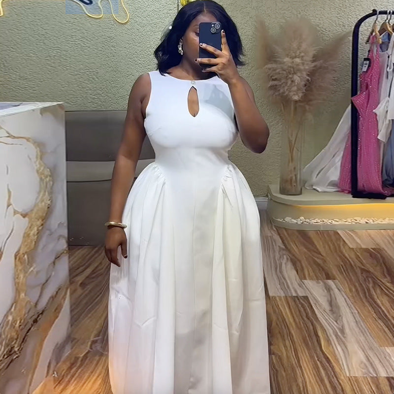 European and american cross-border women's fashion:  spring new arrival - elegant round neck, hollow-out sleeveless, white high-waisted slimming dress