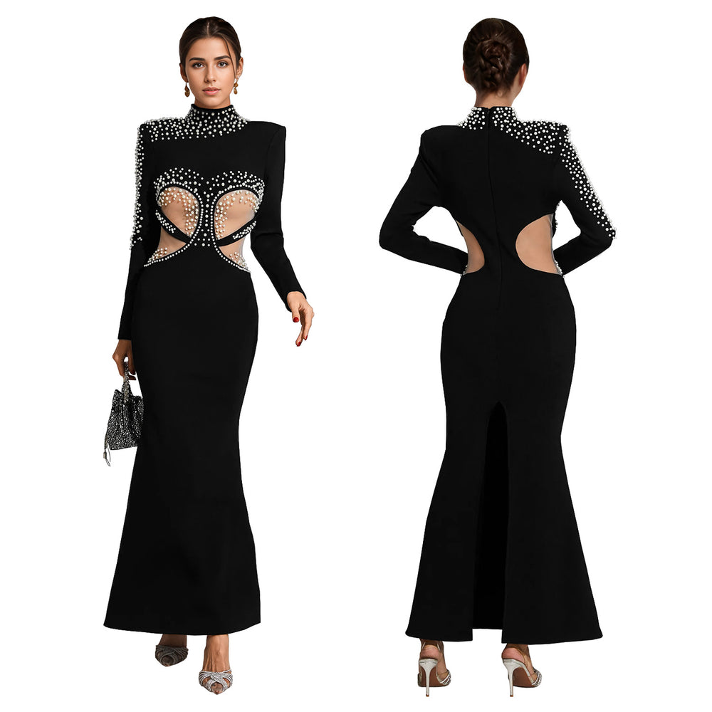 C7256 cross-border   fashion women's heavy beaded cutout mermaid evening gown