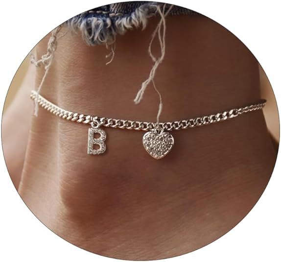 Amazon exquisite silver initial anklet - minimalist personalized letter anklet with cz heart cuban chain