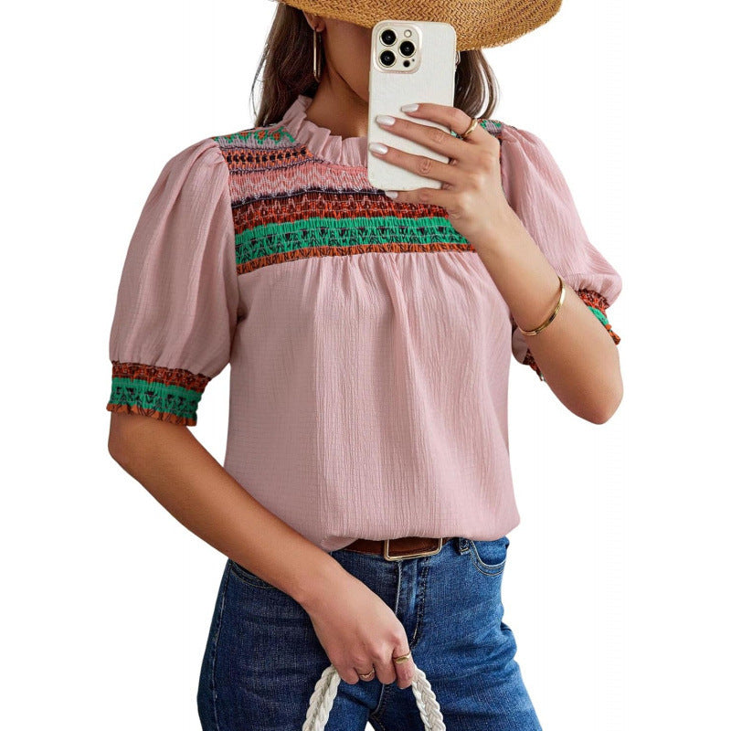 Amazon  summer new casual round neck bubble short sleeve bohemian embroidered shirt top for women