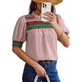 Amazon  summer new casual round neck bubble short sleeve bohemian embroidered shirt top for women