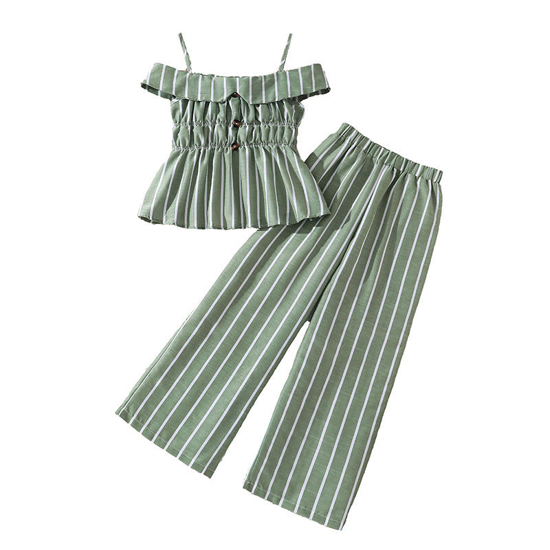 Girls' outfit  summer new arrival: striped two-piece set - tank top & wide-leg pants, european & american fashion style