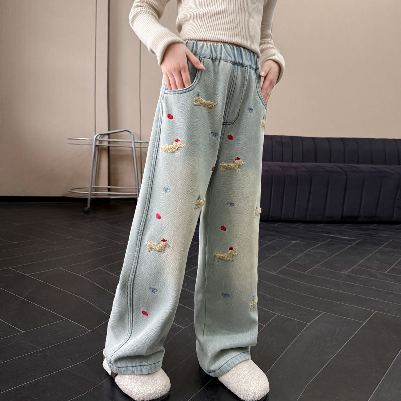 Girls' jeans - spring/autumn collection  - new spring styles - trendy wide-leg pants for older girls - middle school spring straight-leg trousers
