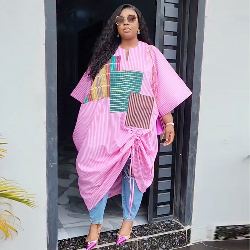 European and american cross-border african women's clothing  spring new arrival: elegant casual loose plus size pink striped dress