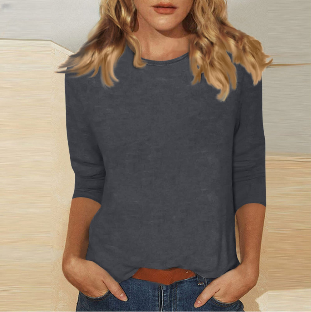 new women's crew neck t-shirt with 3/4 sleeves - solid color top for cross-border  sales