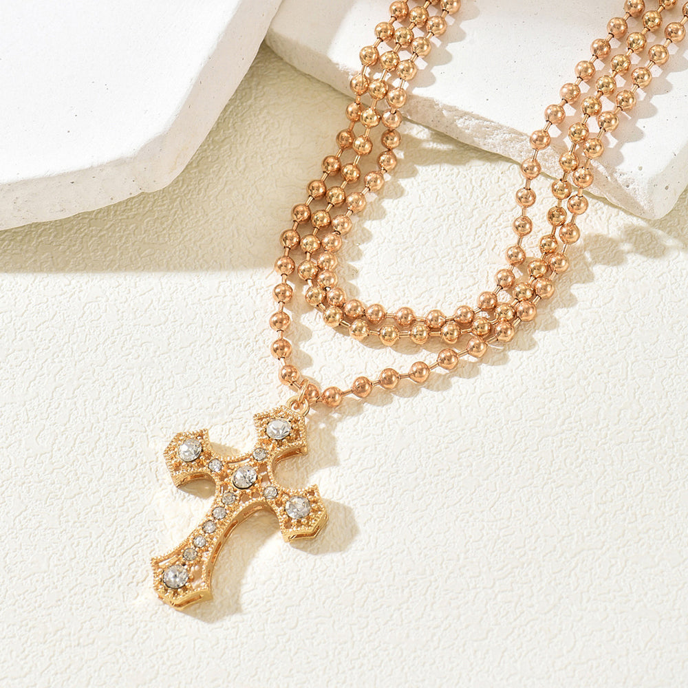 Wholesale hollow cross necklace - european & american cross-border retro, light luxury, high-end, diamond-studded, unique round bead chain accessories