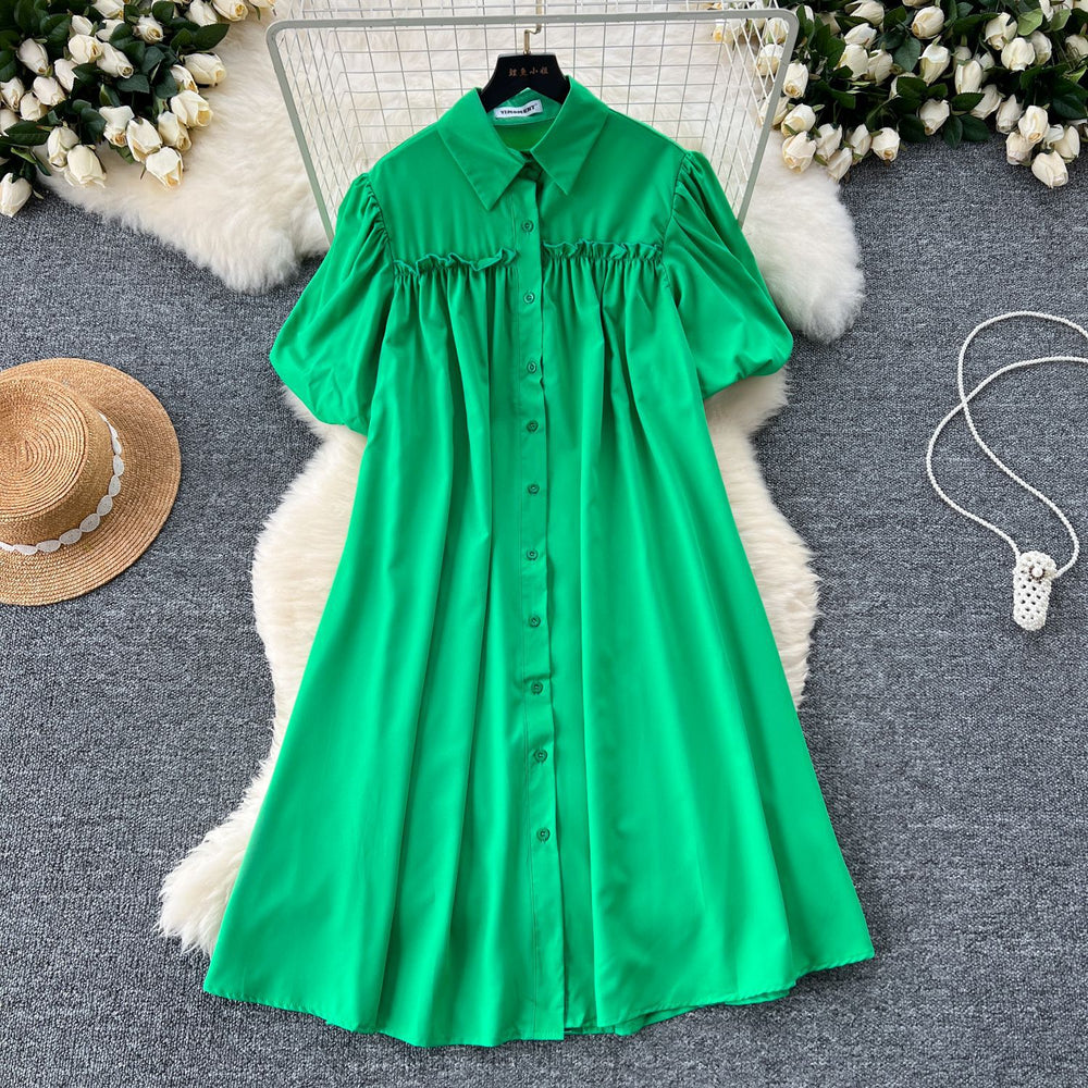 Lazy style dress women's korean style fashionsense of design lantern sleeves pleated single-breasted slimming lookloose shirt skirt